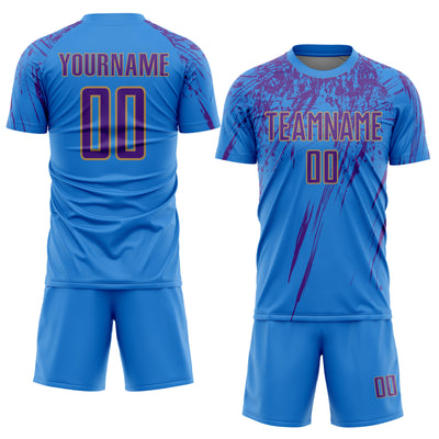 Custom Powder Blue Purple-Old Gold Sublimation Soccer Uniform Jersey