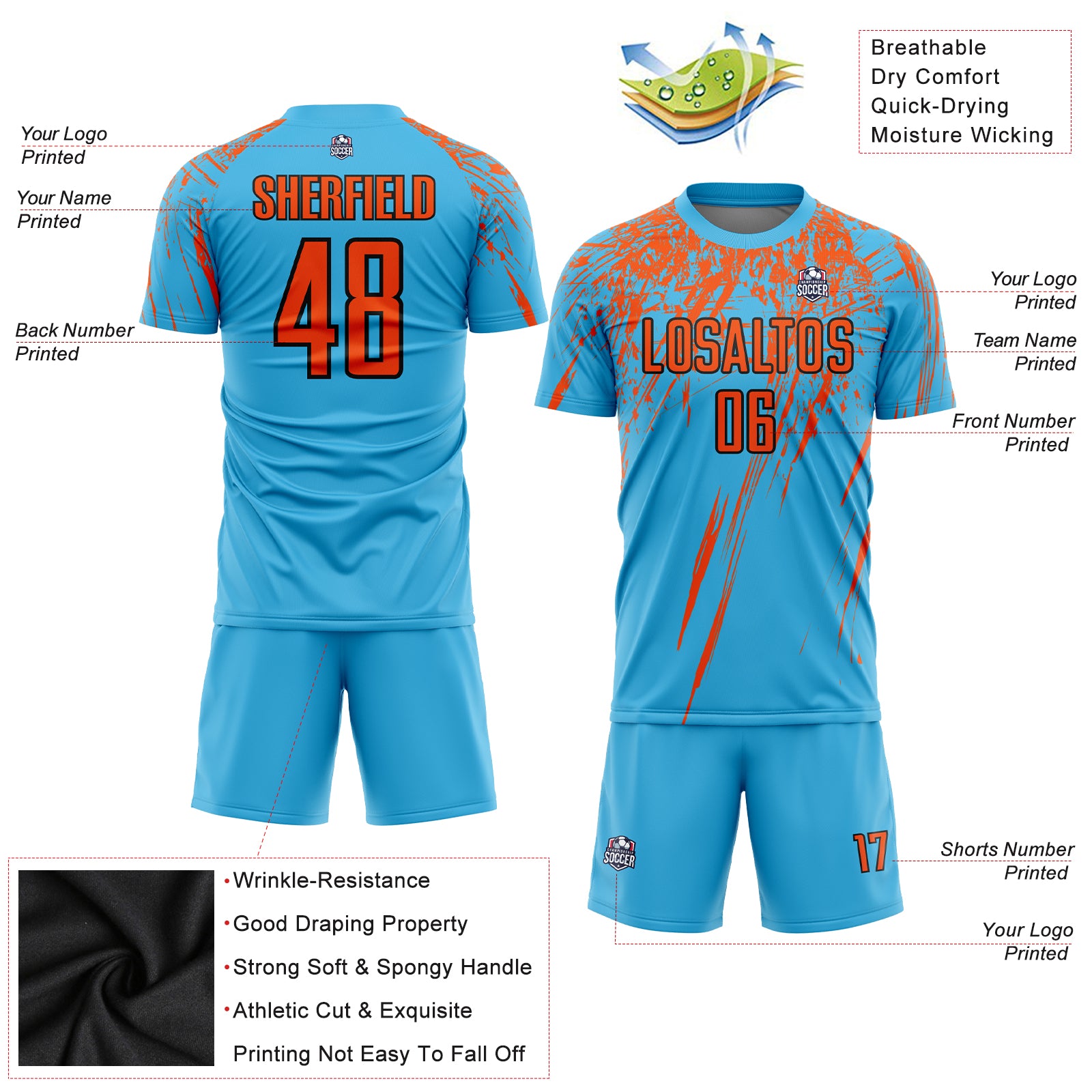 FANSIDEA Custom Soccer Jersey Uniform Sky Blue Orange-Black Sublimation Men's Size:L