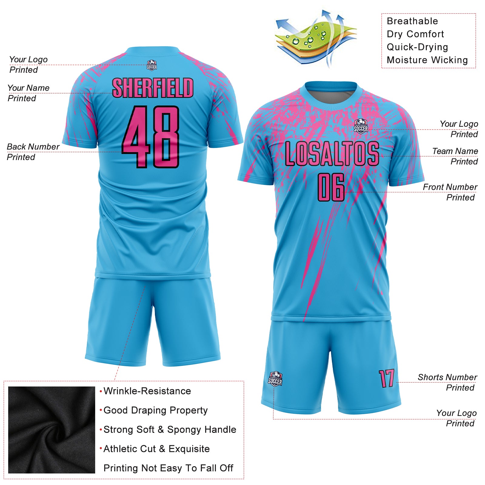 Custom Black Soccer Uniform Jersey Pink-Light Blue Sublimation - FansIdea