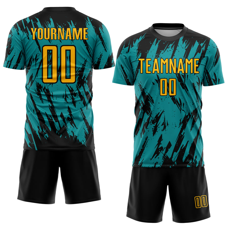 Custom Teal Gold Black Sublimation Soccer Uniform Jersey