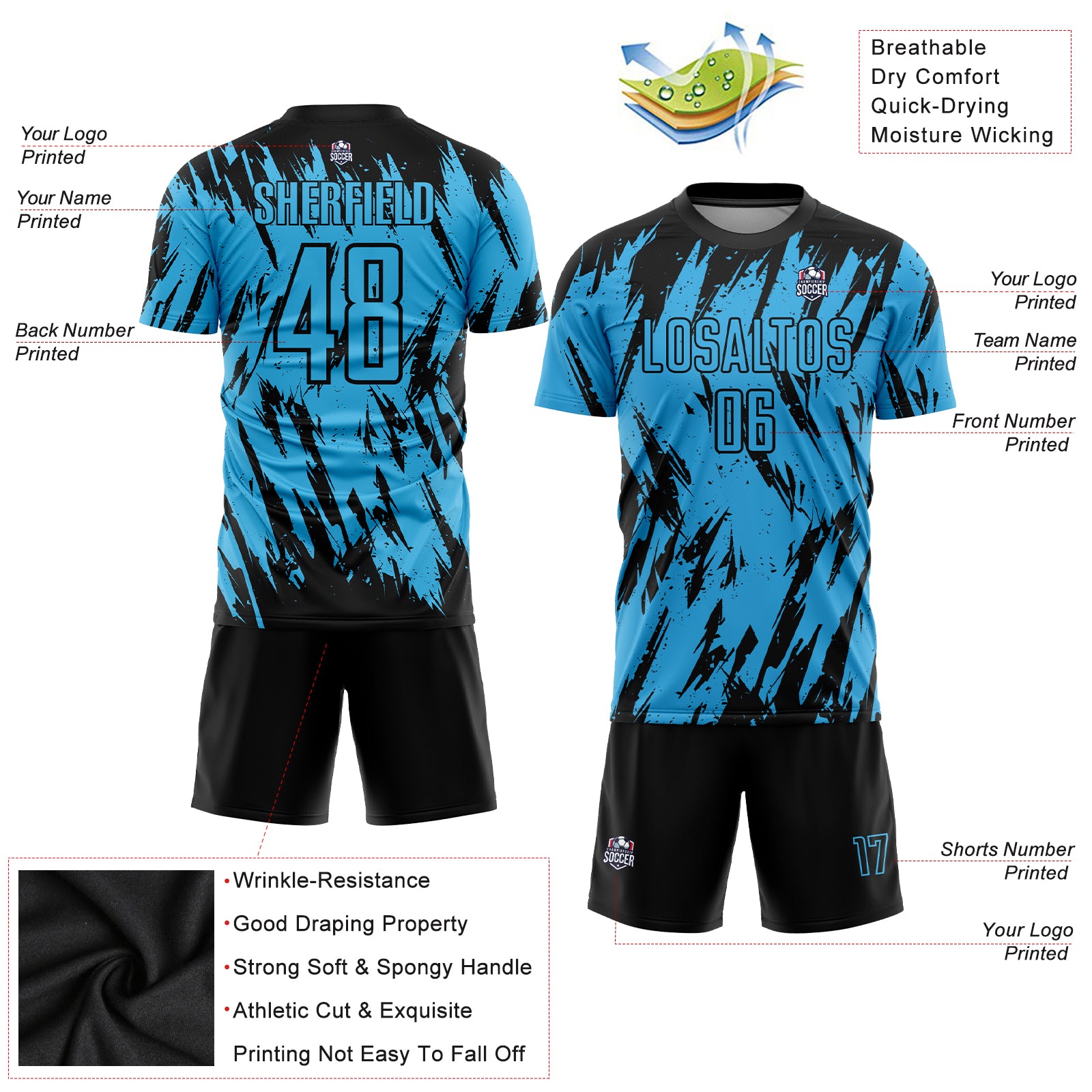 Custom Sky Blue Black Sublimation Soccer Uniform Jersey