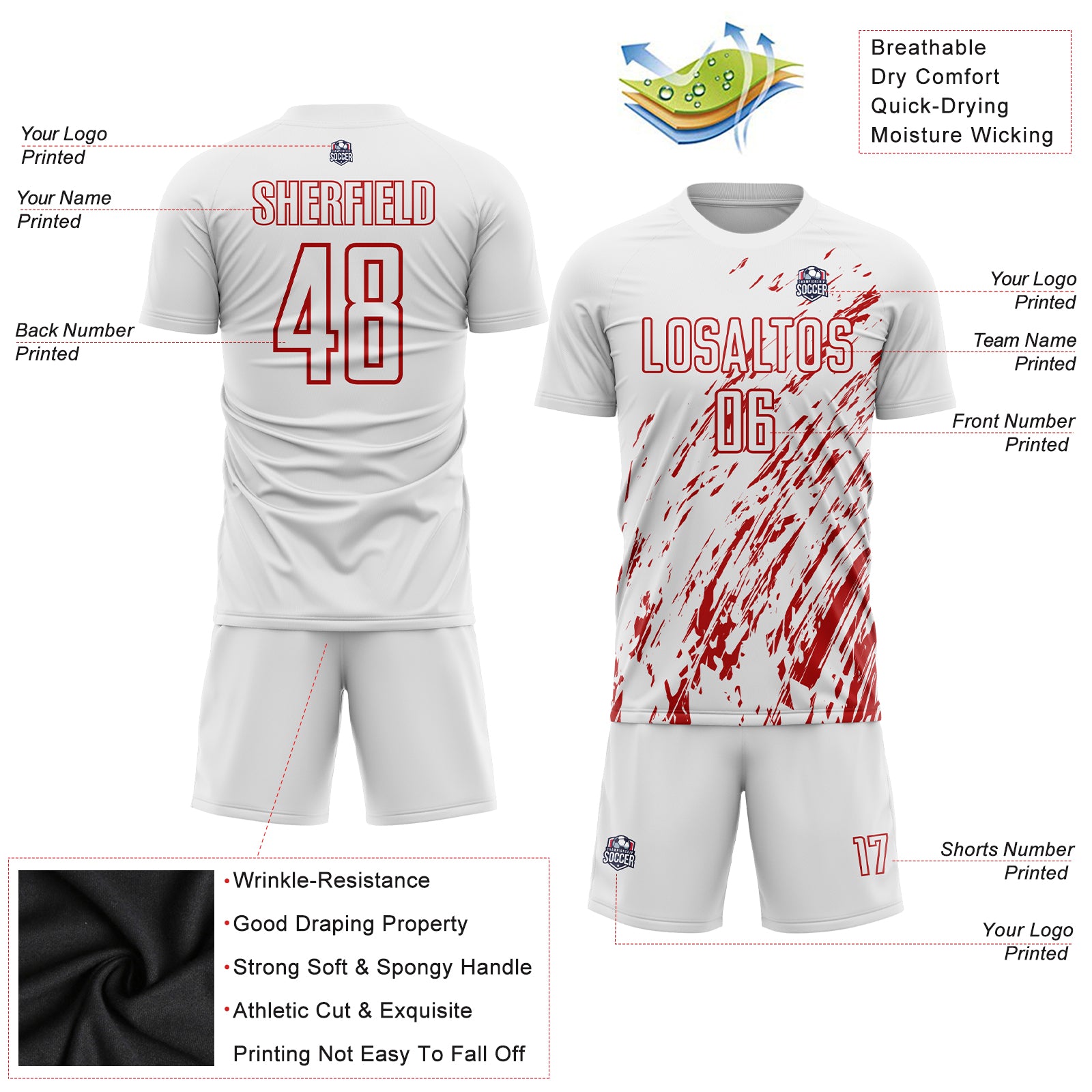 Custom White Red Sublimation Soccer Uniform Jersey