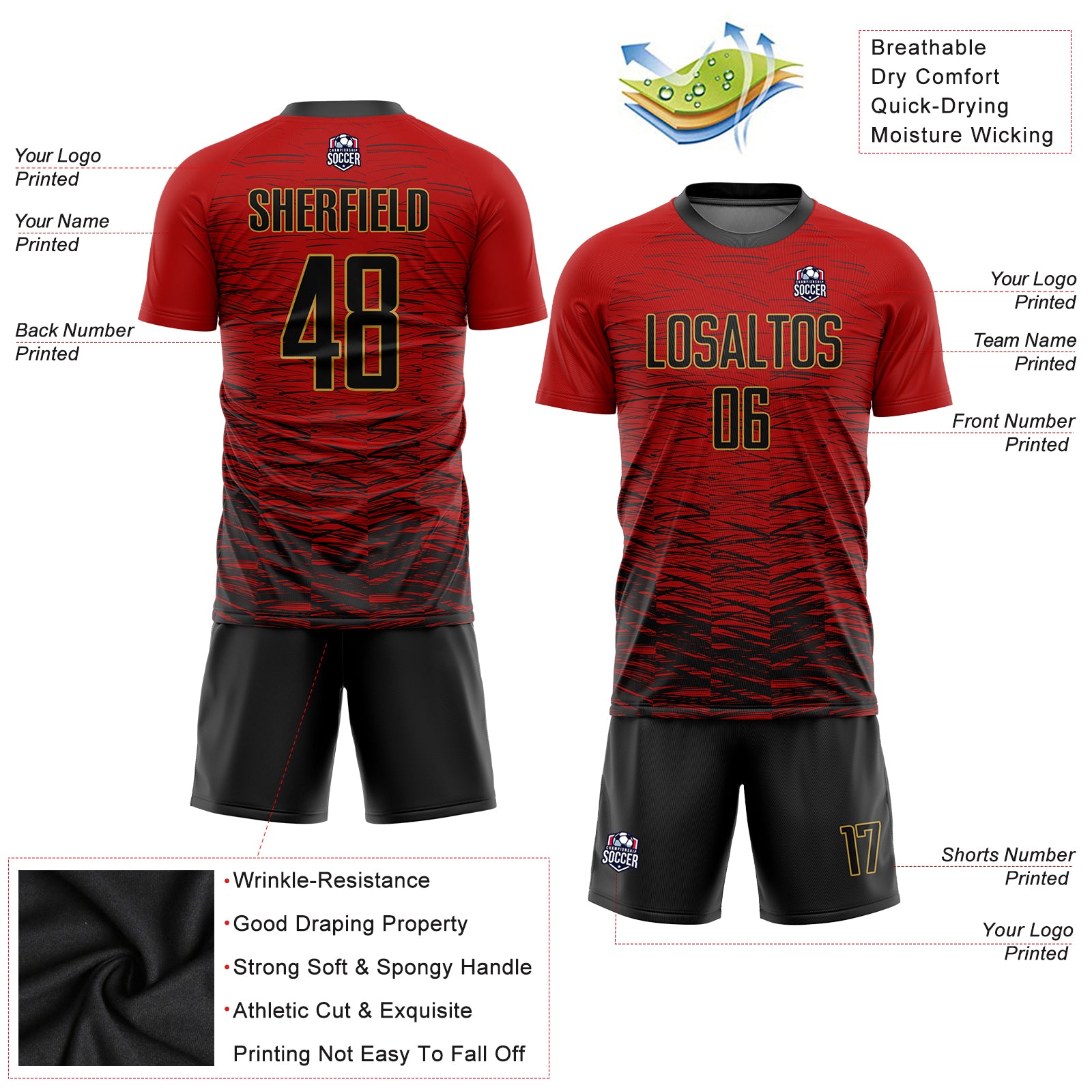 FANSIDEA Custom Black Old Gold-Red Sublimation Soccer Uniform Jersey Men's Size:S