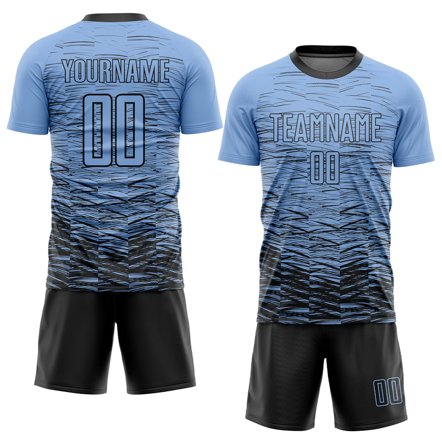 Custom Light Blue Black Sublimation Soccer Uniform Jersey