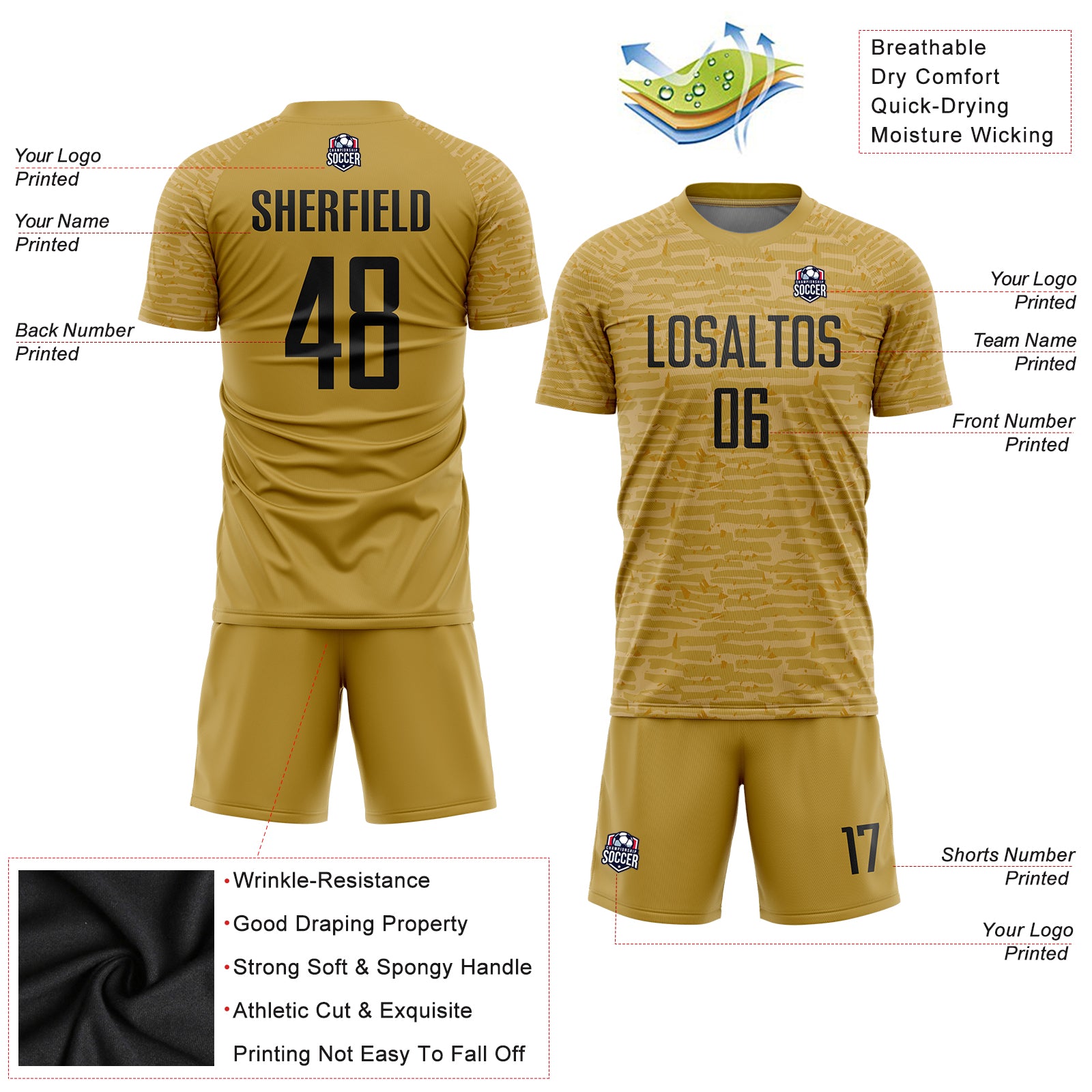 Custom Old Gold Black Sublimation Soccer Uniform Jersey