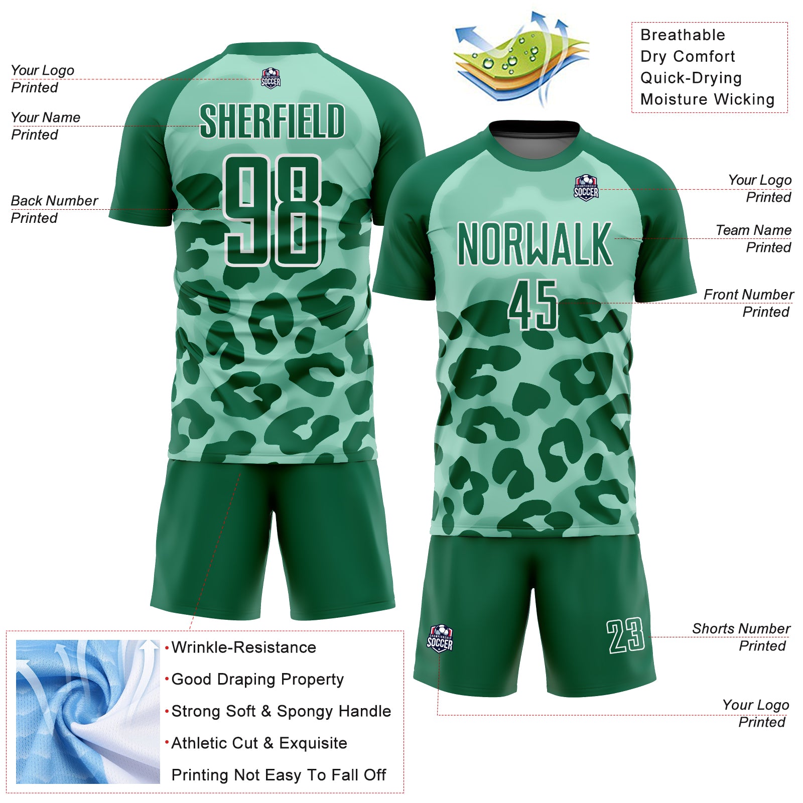 Custom Pea Green Kelly Green-White Animal Print Sublimation Soccer Uniform Jersey