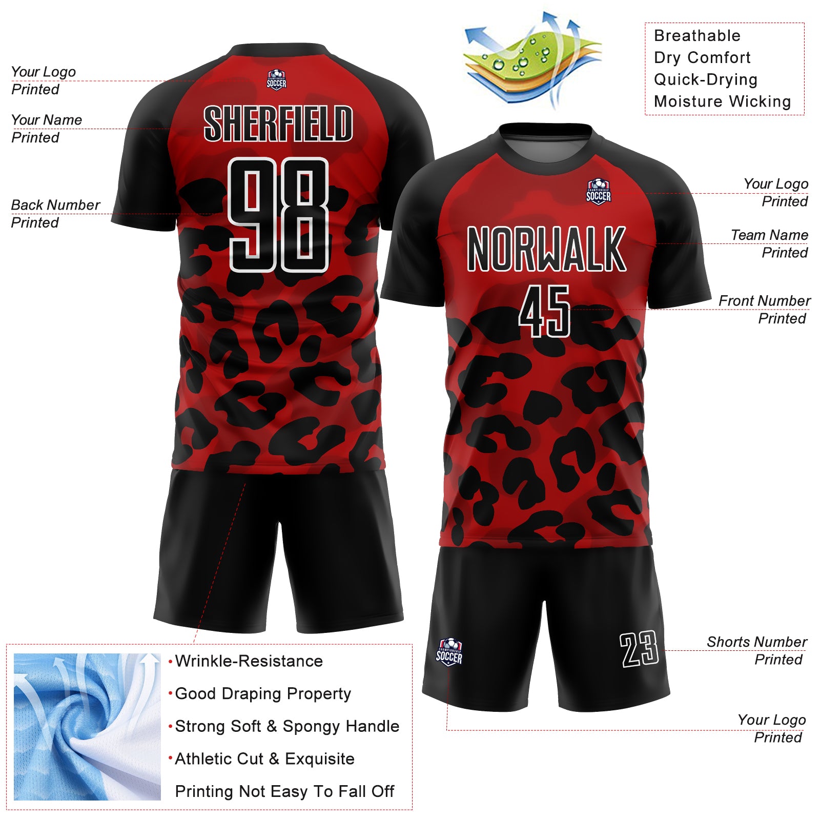 Custom Red Black-White Animal Print Sublimation Soccer Uniform Jersey