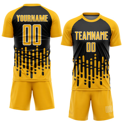 Custom Gold Black-White Abstract Fluid Wave Sublimation Soccer Uniform Jersey