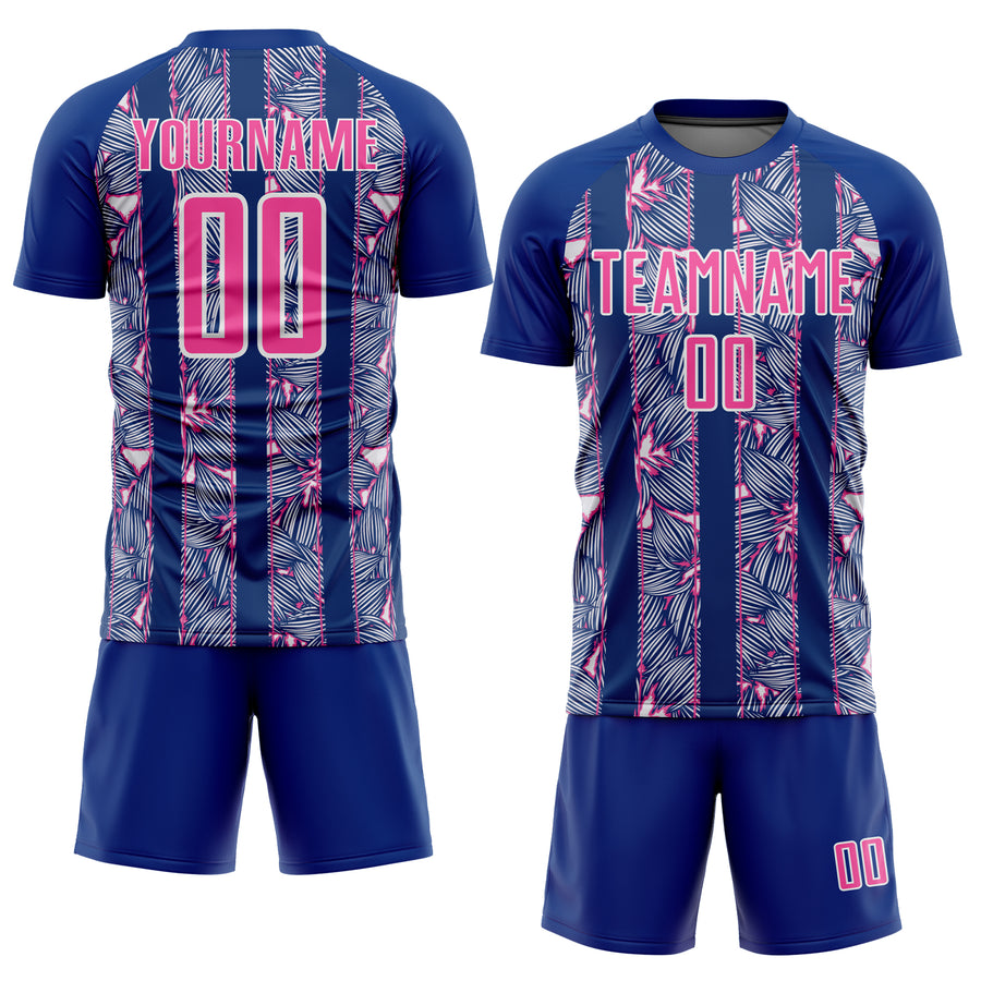 Custom Royal Pink-White Flowers Sublimation Soccer Uniform Jersey