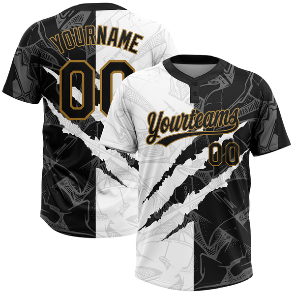 Custom White Black-Old Gold Two-Button Unisex Softball Jersey