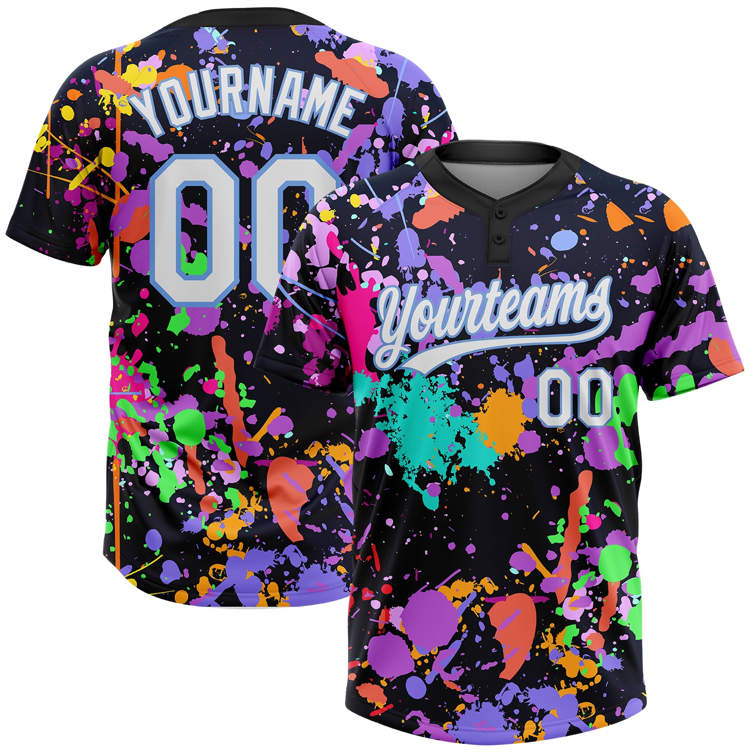 Custom 3D Pattern Softball Jersey Black White-Light Blue Two-Button Unisex  - FansIdea