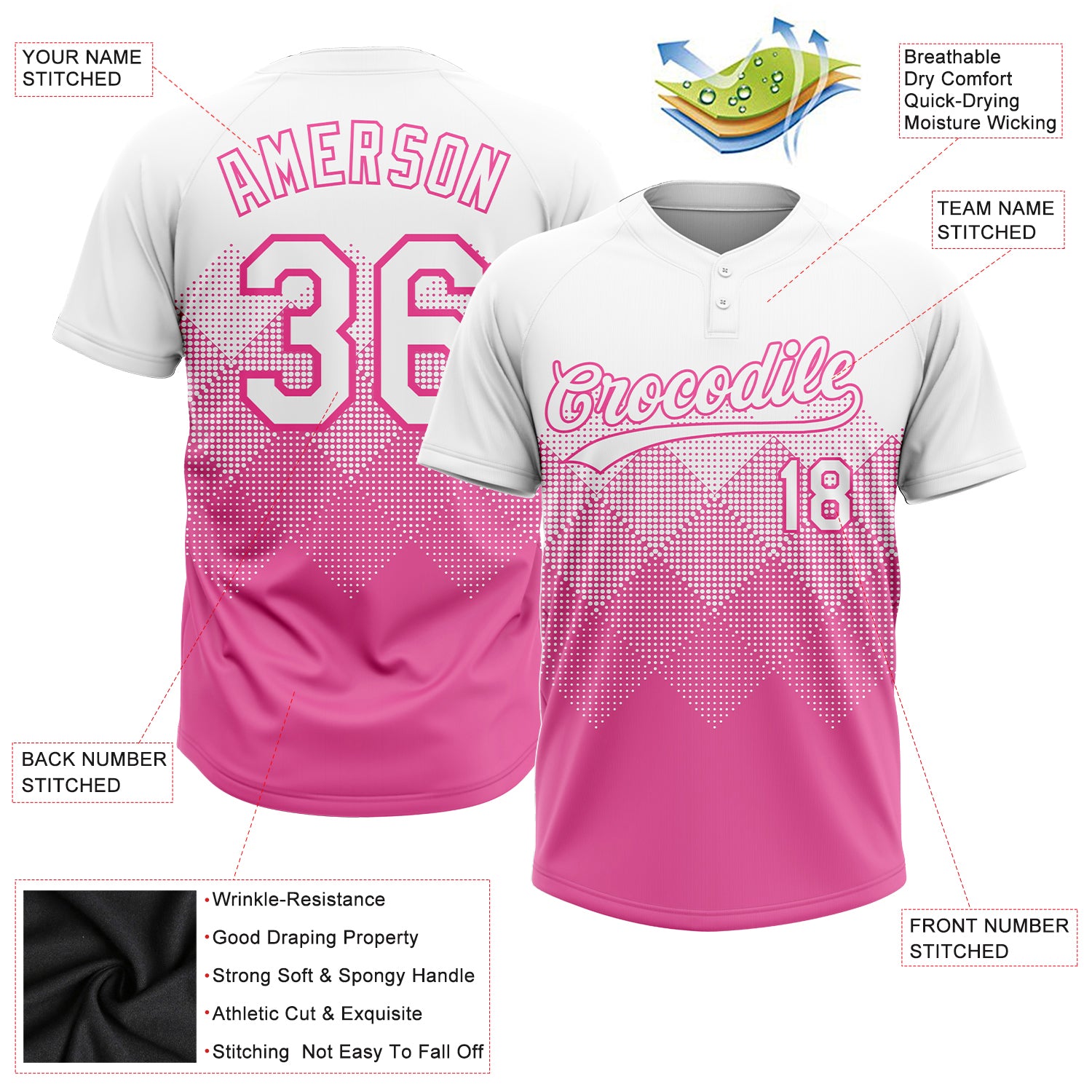 Custom Pink White 3D Pattern Two-Button Unisex Softball Jersey