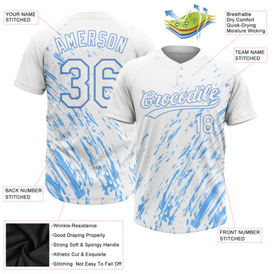 Custom White White-Light Blue 3D Pattern Two-Button Unisex Softball Jersey