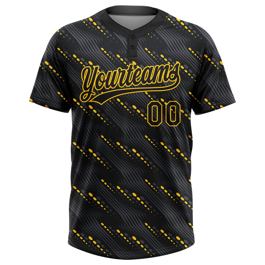 Custom Black Black-Gold 3D Pattern Two-Button Unisex Softball Jersey