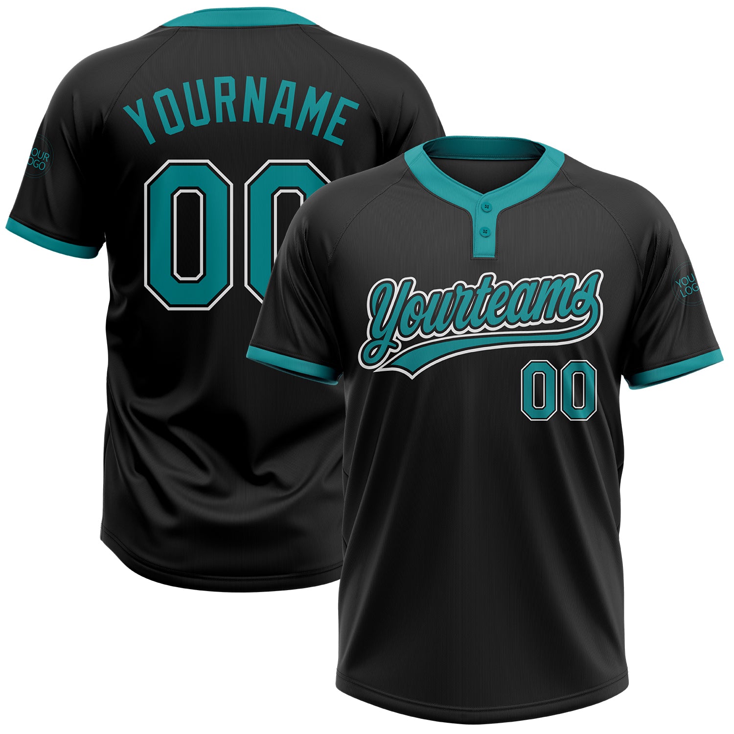 Custom Black Teal-White Two-Button Unisex Softball Jersey