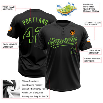 Custom Black Black-Neon Green Two-Button Unisex Softball Jersey