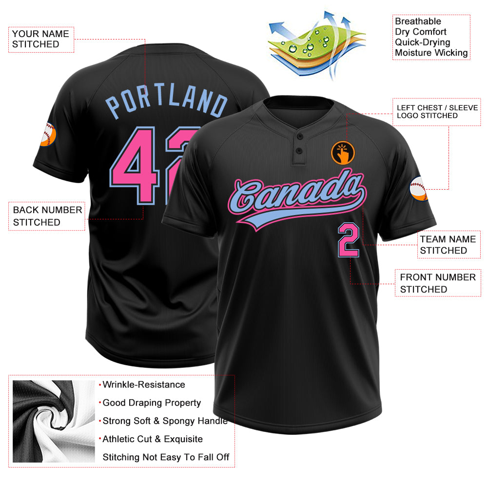 Custom Black Pink-Light Blue Two-Button Unisex Softball Jersey