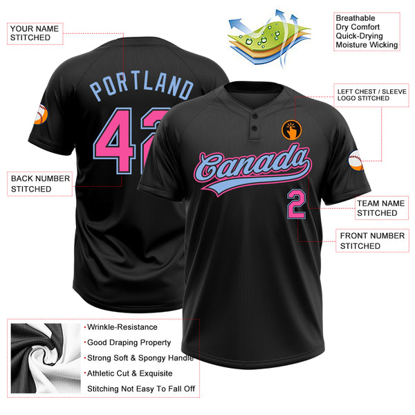 Custom Black Pink-Light Blue Two-Button Softball Jersey Fast