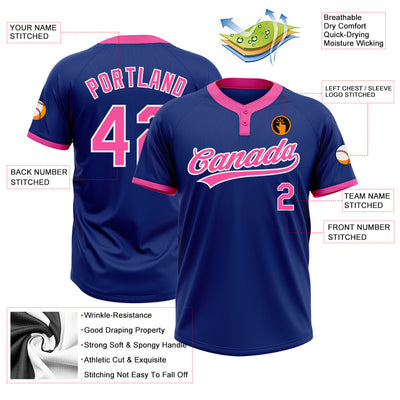 Custom Royal Pink-White Two-Button Unisex Softball Jersey