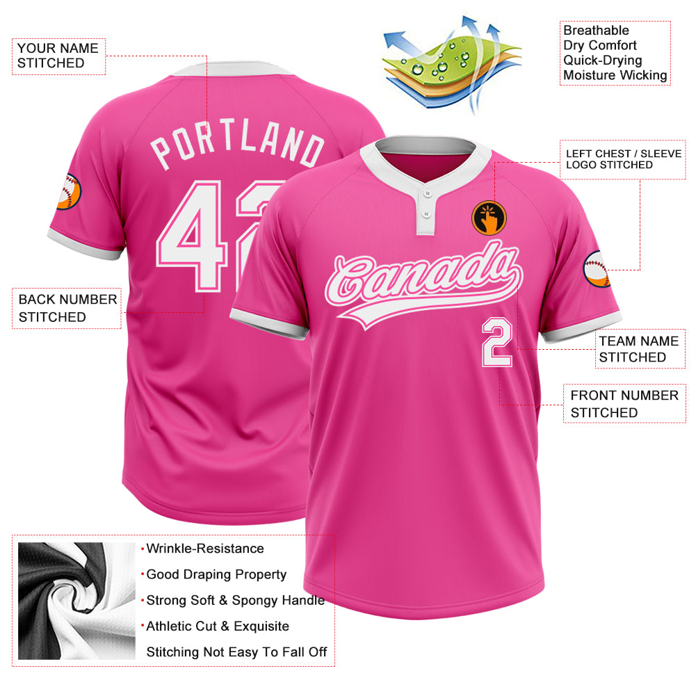 Custom Pink White Two-Button Unisex Softball Jersey