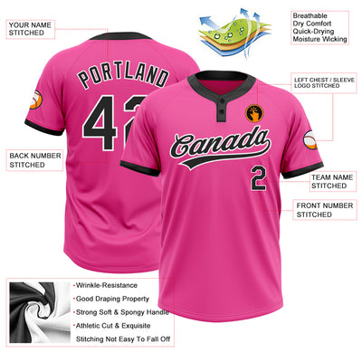 Custom Pink Black-White Two-Button Unisex Softball Jersey