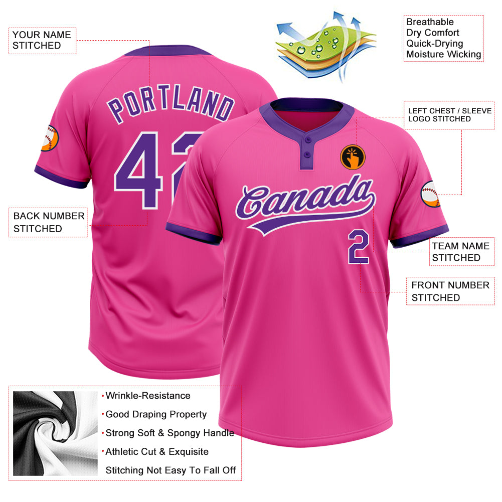 Custom Pink Purple-White Two-Button Unisex Softball Jersey