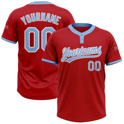 Custom Red Light Blue-White Two-Button Unisex Softball Jersey