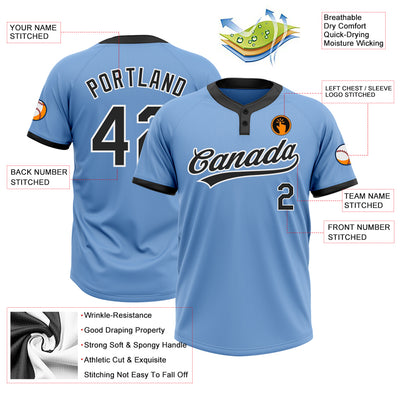 Custom Light Blue Black-White Two-Button Unisex Softball Jersey