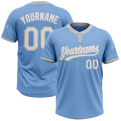 Custom Light Blue White-Gray Two-Button Unisex Softball Jersey