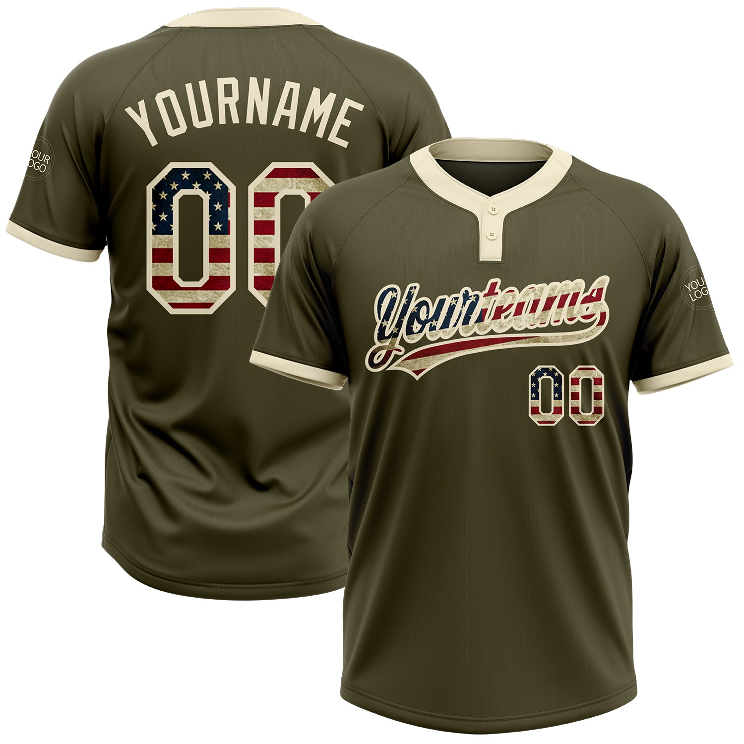 Custom Olive Vintage USA Flag-Cream Salute to Service Two-Button Unisex Softball Jersey Women's Size:S