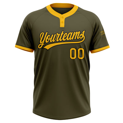 Custom Olive Gold-Black Salute To Service Two-Button Unisex Softball Jersey