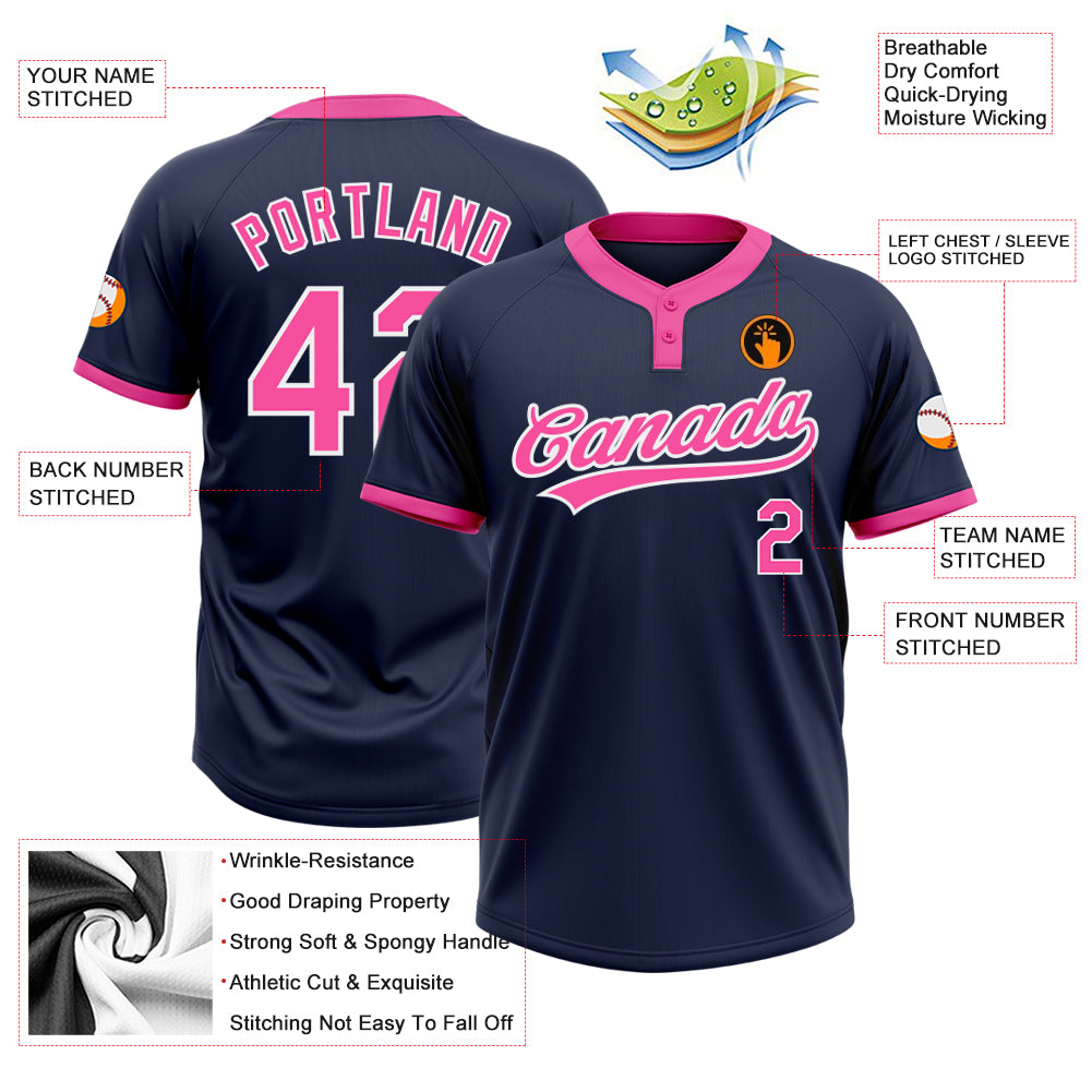 Custom Navy Pink-White Two-Button Unisex Softball Jersey