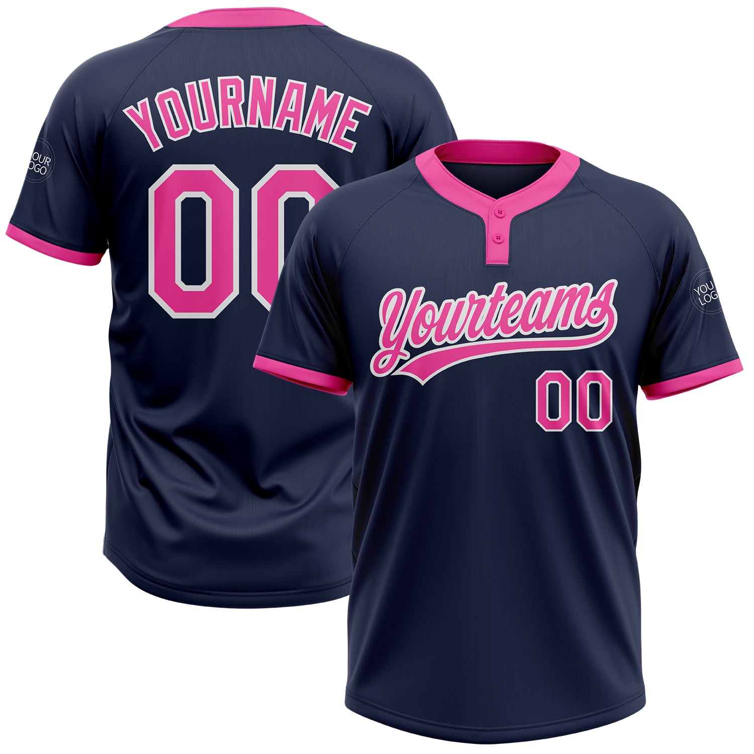 Custom Navy Pink-White Two-Button Unisex Softball Jersey