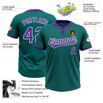 Custom Teal Purple-White Two-Button Unisex Softball Jersey