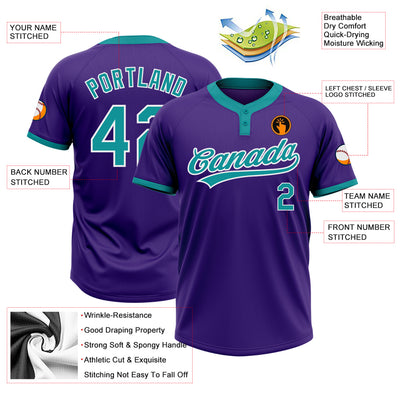 Custom Purple Teal-White Two-Button Unisex Softball Jersey