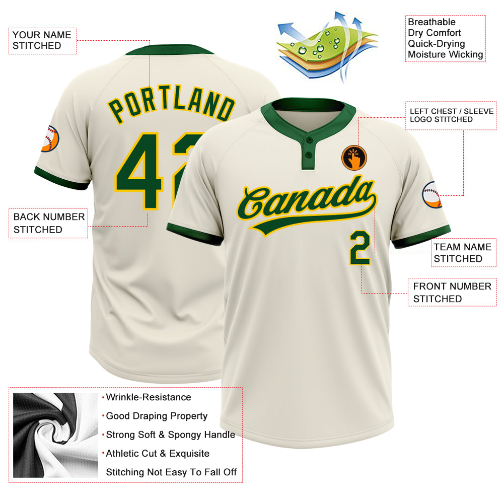 Custom Cream Green-Gold Two-Button Unisex Softball Jersey