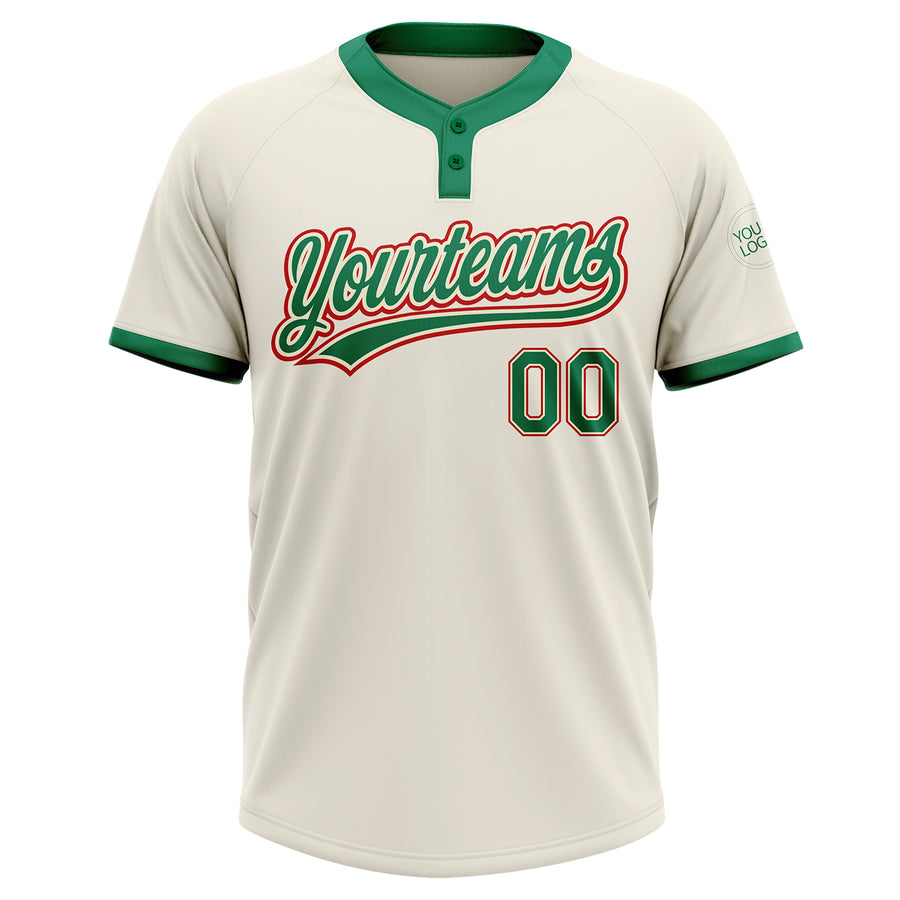 Custom Cream Kelly Green-Red Two-Button Unisex Softball Jersey