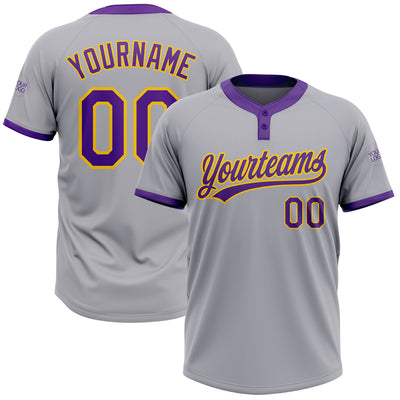 Custom Gray Purple-Gold Two-Button Unisex Softball Jersey