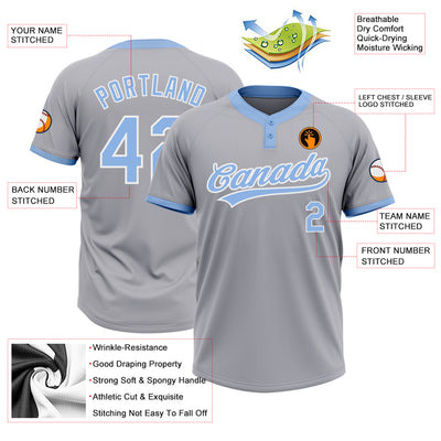 Custom Gray Light Blue-White Two-Button Unisex Softball Jersey