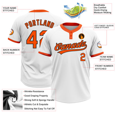 Custom White Orange-Black Two-Button Unisex Softball Jersey