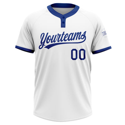 Custom White Royal Two-Button Unisex Softball Jersey