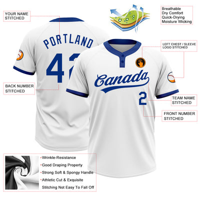 Custom White Royal Two-Button Unisex Softball Jersey