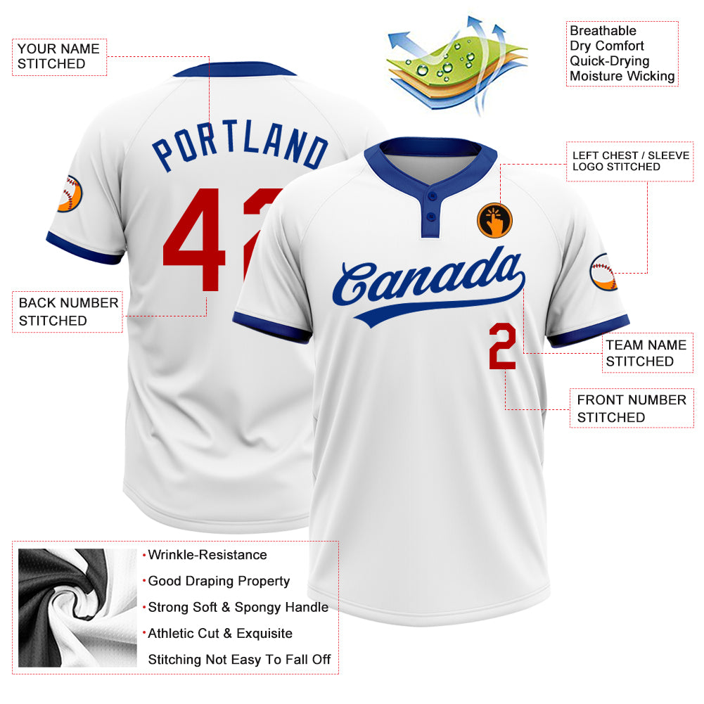 Custom White Red-Royal Two-Button Unisex Softball Jersey