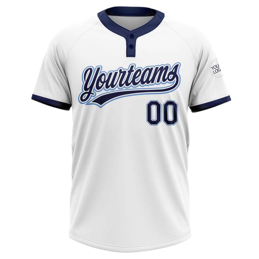 Custom White Navy-Powder Blue Two-Button Unisex Softball Jersey