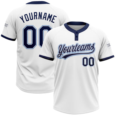 Custom White Navy-Powder Blue Two-Button Unisex Softball Jersey