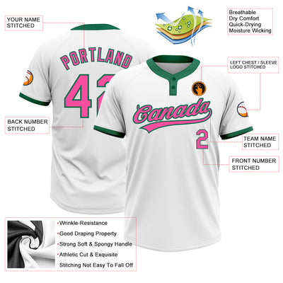 Custom White Pink-Kelly Green Two-Button Unisex Softball Jersey