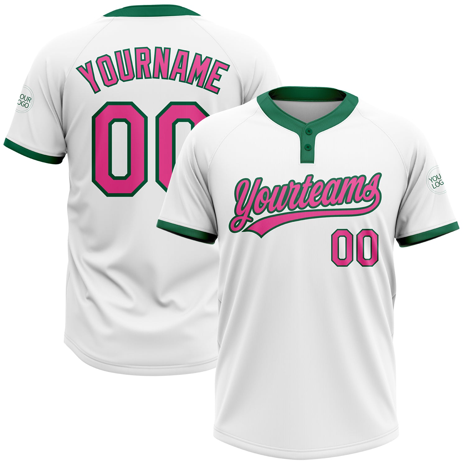 Custom White Pink-Kelly Green Two-Button Unisex Softball Jersey Women's Size:S