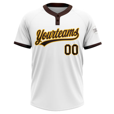 Custom White Brown-Gold Two-Button Unisex Softball Jersey