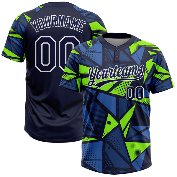 Custom Navy Navy-Neon Green 3D Pattern Two-Button Unisex Softball Jersey