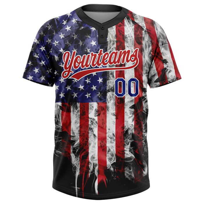 Custom White Royal-Red 3D American Flag Fashion Two-Button Unisex Softball Jersey